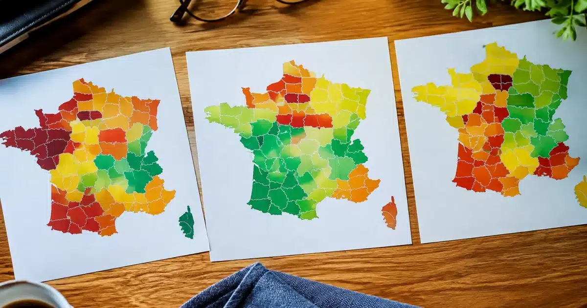 Trois cartes departementales francaises mettant en evidence les regions aux pensions elevees