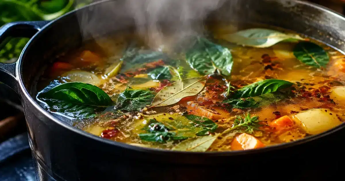 Casserole fumante sur feu avec feuilles et epices flottantes dedans