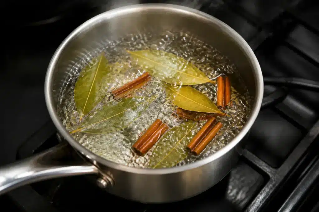 Petite casserole avec eau bouillante, feuilles laurier, bâtons cannelle cassés.