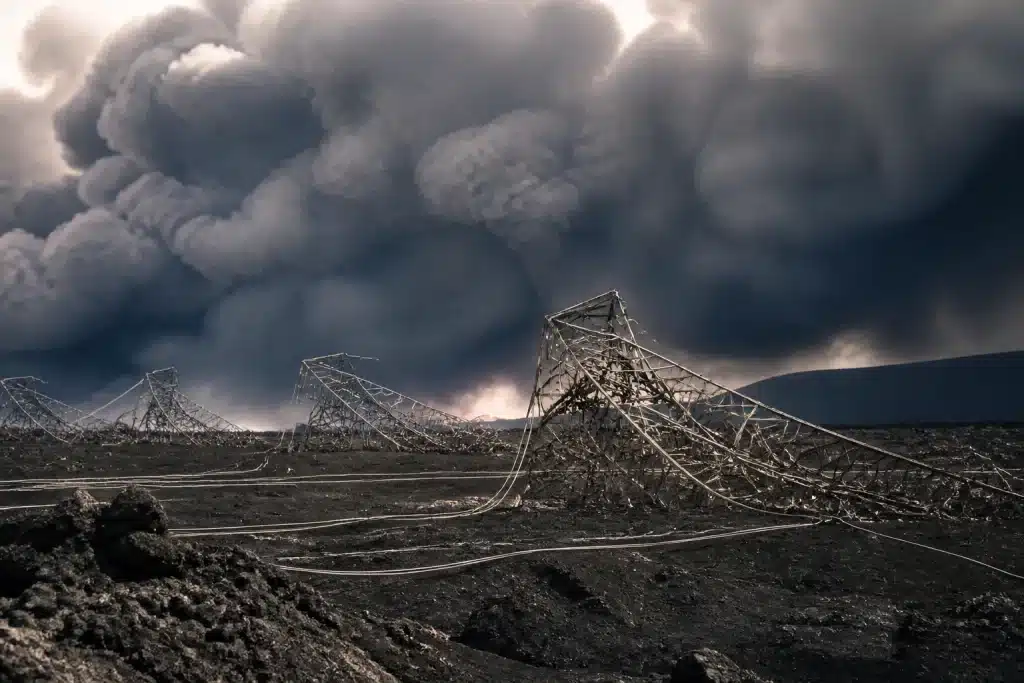 Ciel obscur par cendres volcaniques et pylônes électriques effondrés