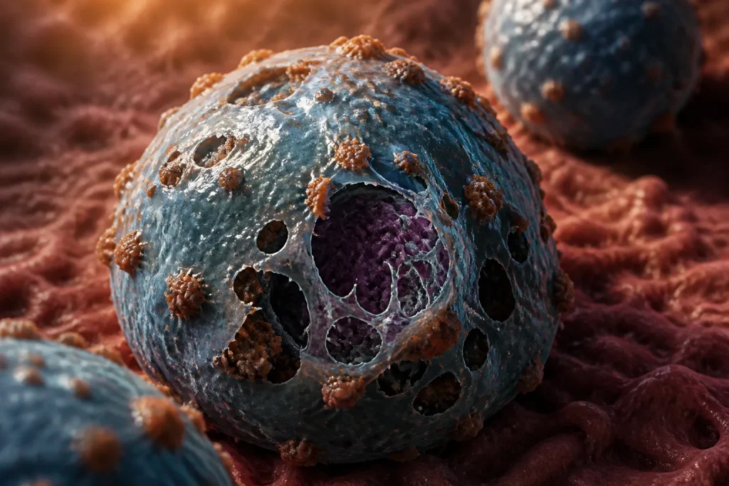 Cellule endommagee avec membrane poreuse et proteines deformees