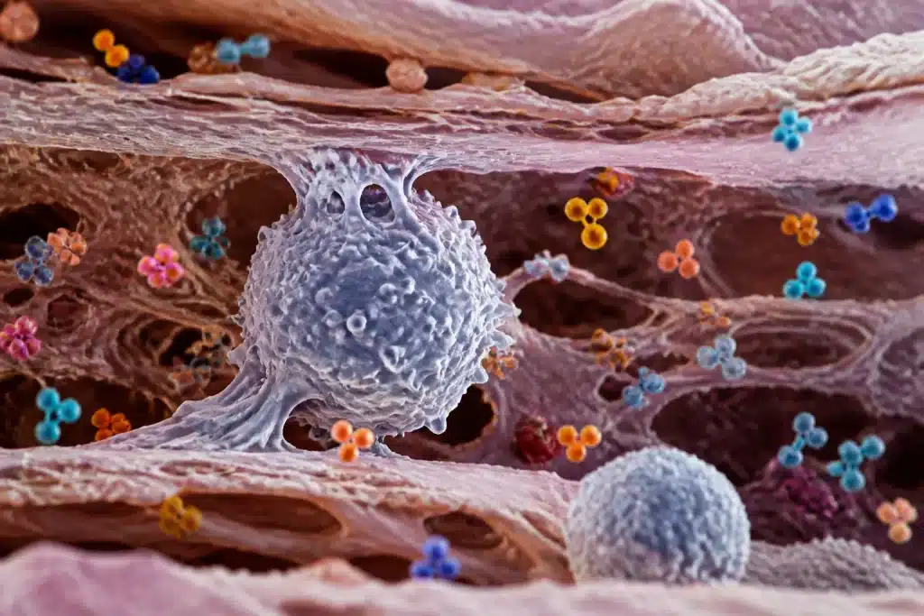 Cellules inflammatoires traversant barriere cerebelleuse avec molecules colorees