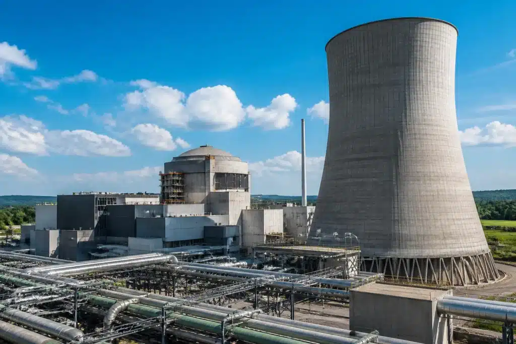 Centrale nucleaire avec equipements industriels complexes visibles
