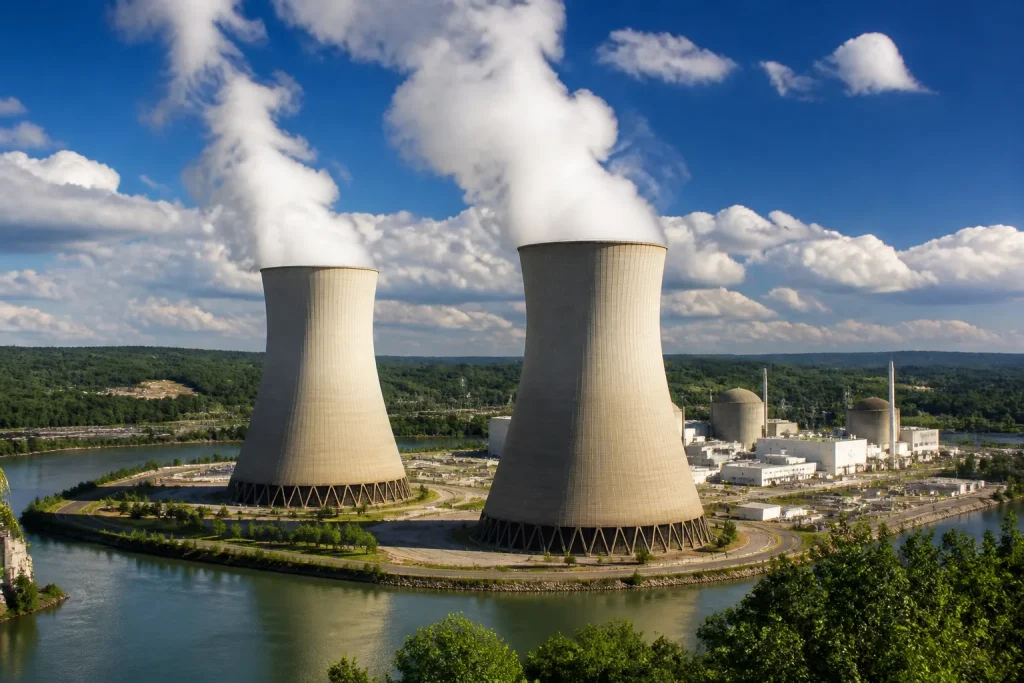 Centrale nucleaire avec tours de refroidissement massives