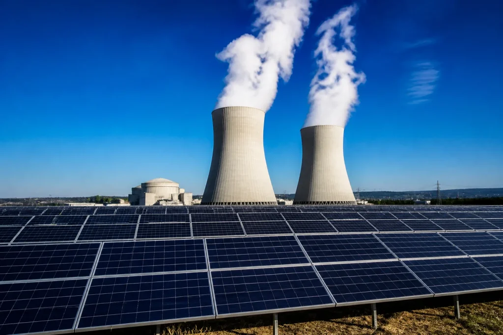 Panneaux solaires et tours thermiques sous ciel dégagé