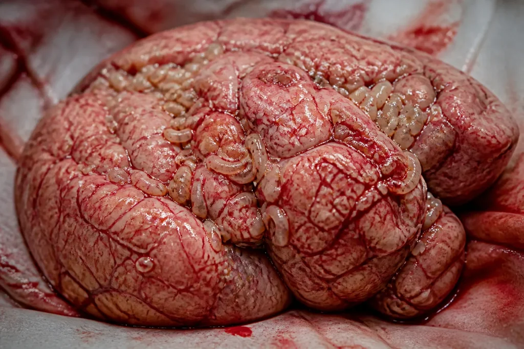 Tissu cerebral infeste de parasites blancs