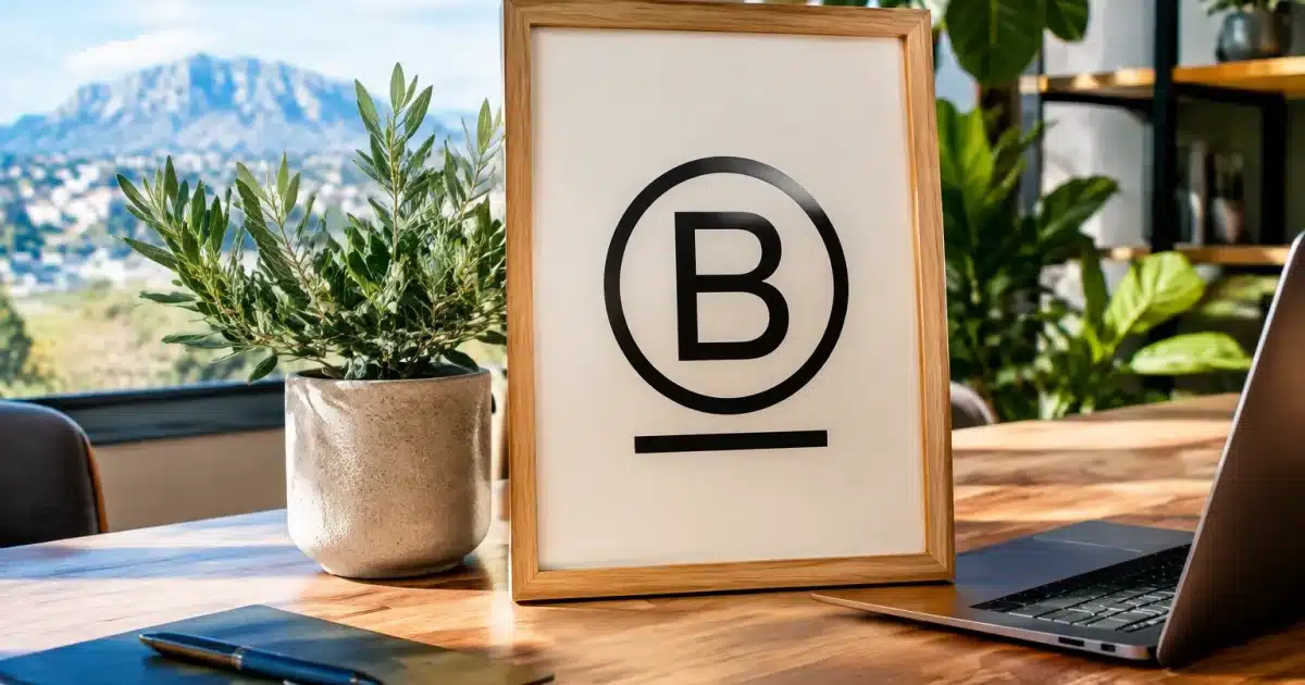 Certificat B Corp affiche sur bureau avec logo entreprise Provence visible