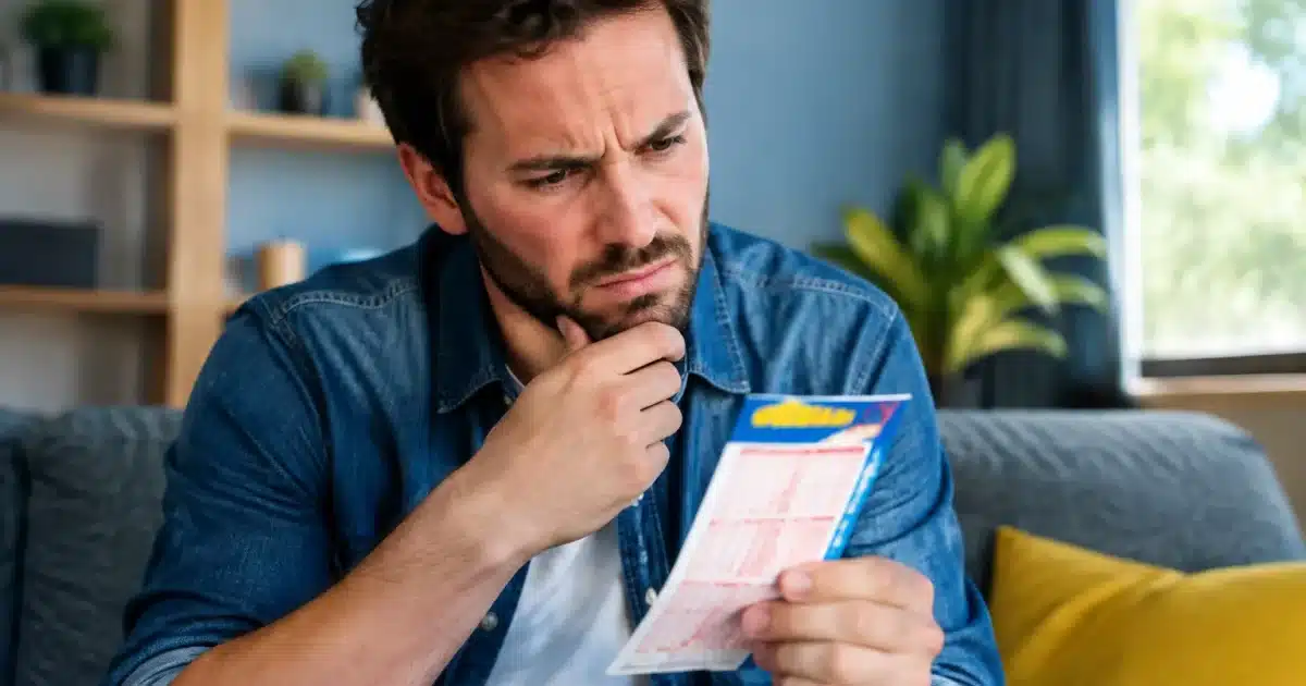 Homme tenant un billet de loterie, regardant les nombres avec confusion