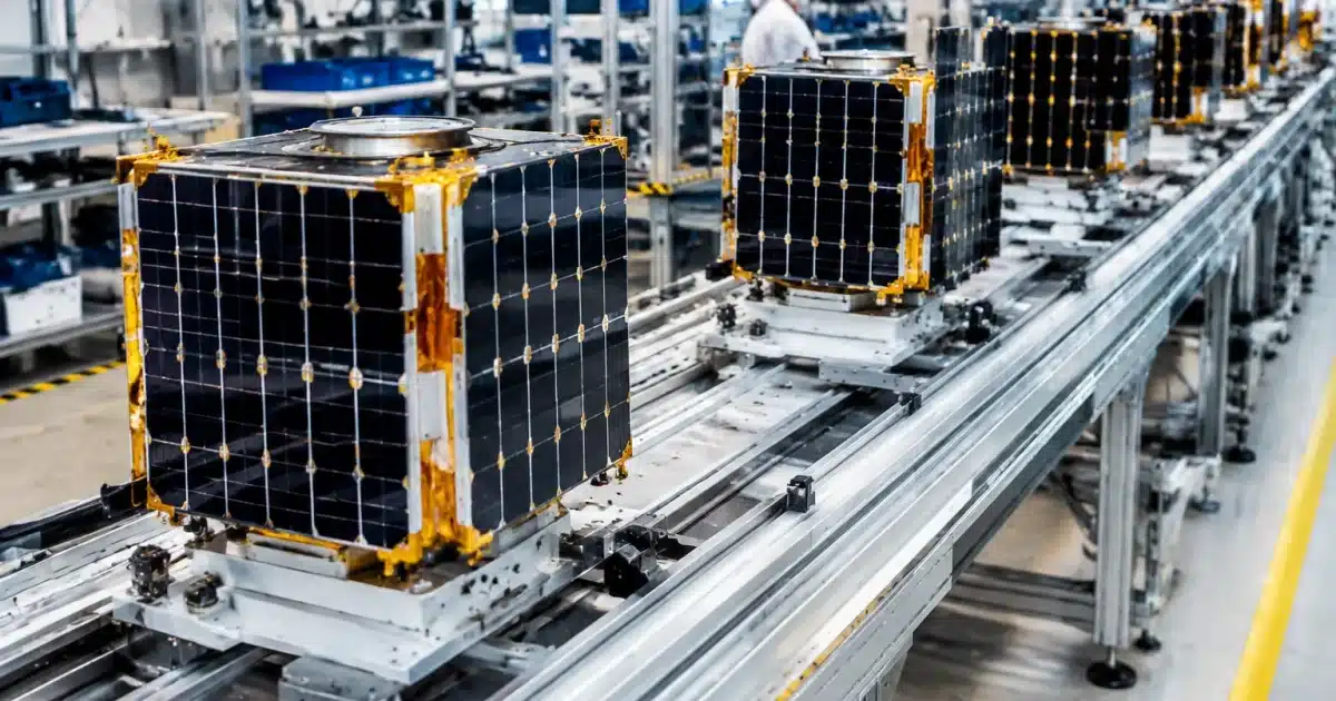 Chaîne de montage industrielle avec satellites alignés sur convoyeur