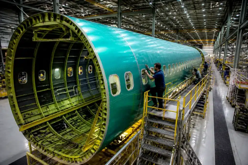 Ouvriers assemblant fuselage géant dans vaste hangar industriel
