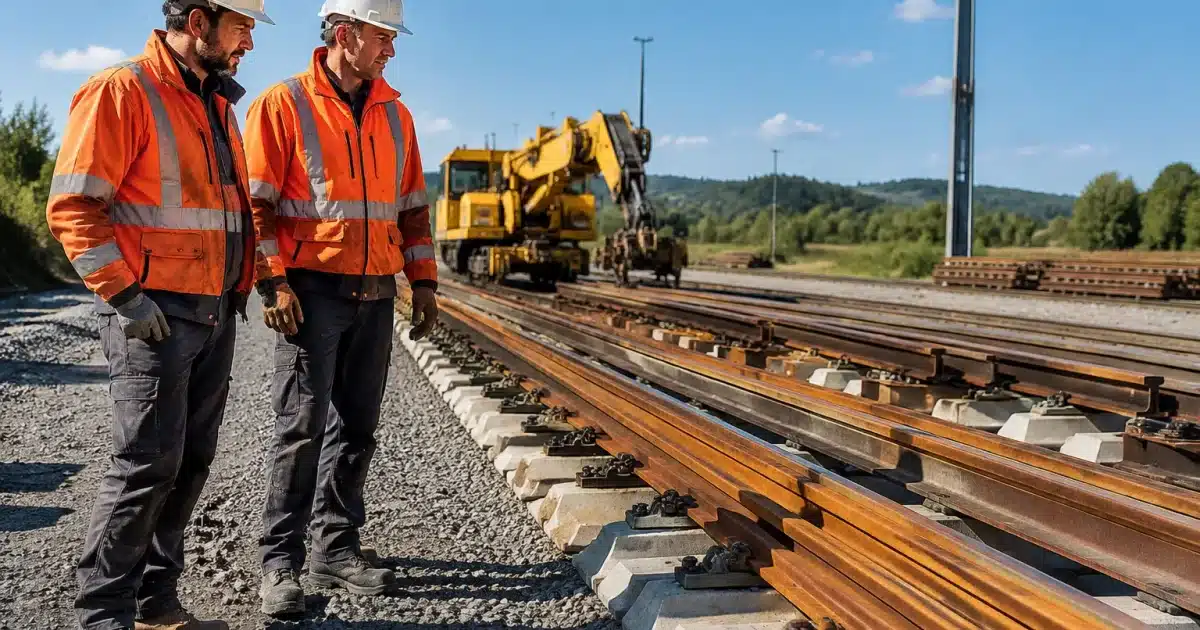 Ouvriers debout devant rails ferroviaires en attente de pose