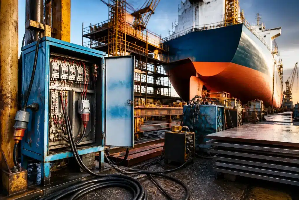 Chantier naval avec acier spécialisé, équipements électriques visibles