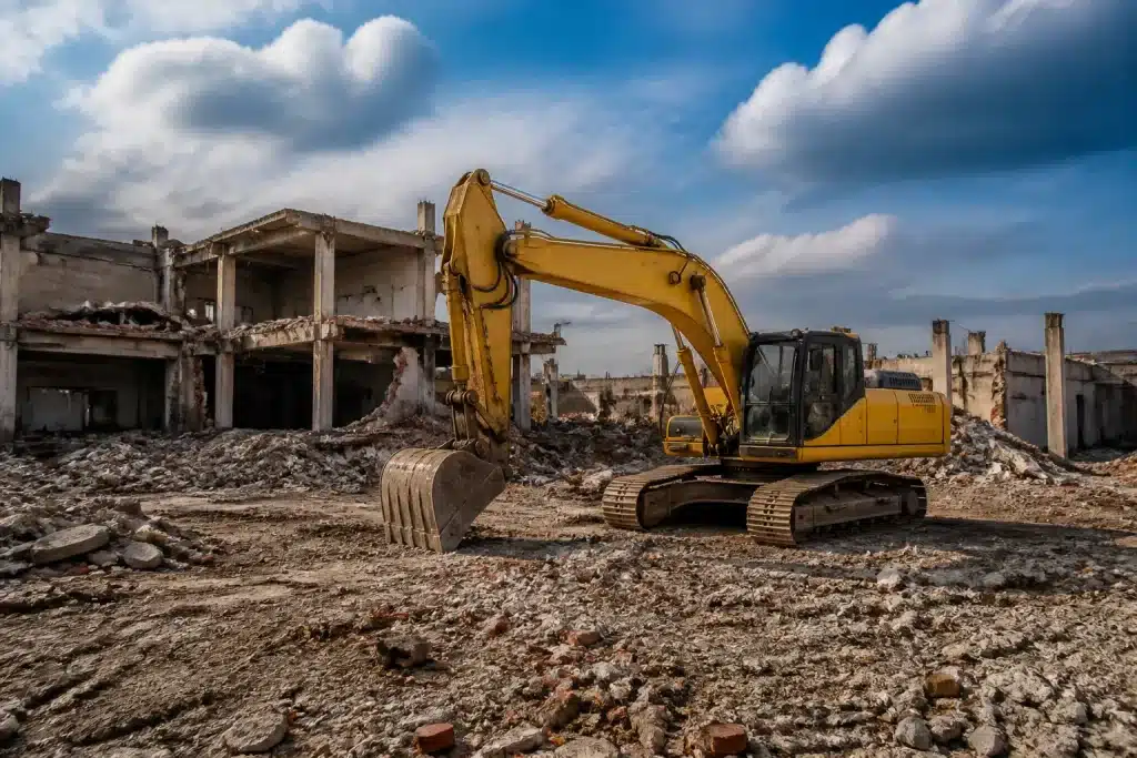 Pelleteuse jaune immobile sur chantier vide et abandonné
