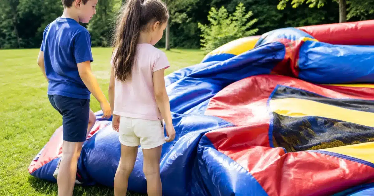 Enfants debout près d'un château gonflable coloré dégonflé