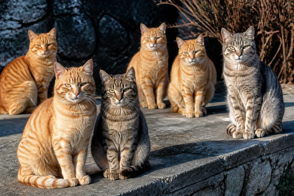 Groupes de chats roux et gris assis ensemble dehors