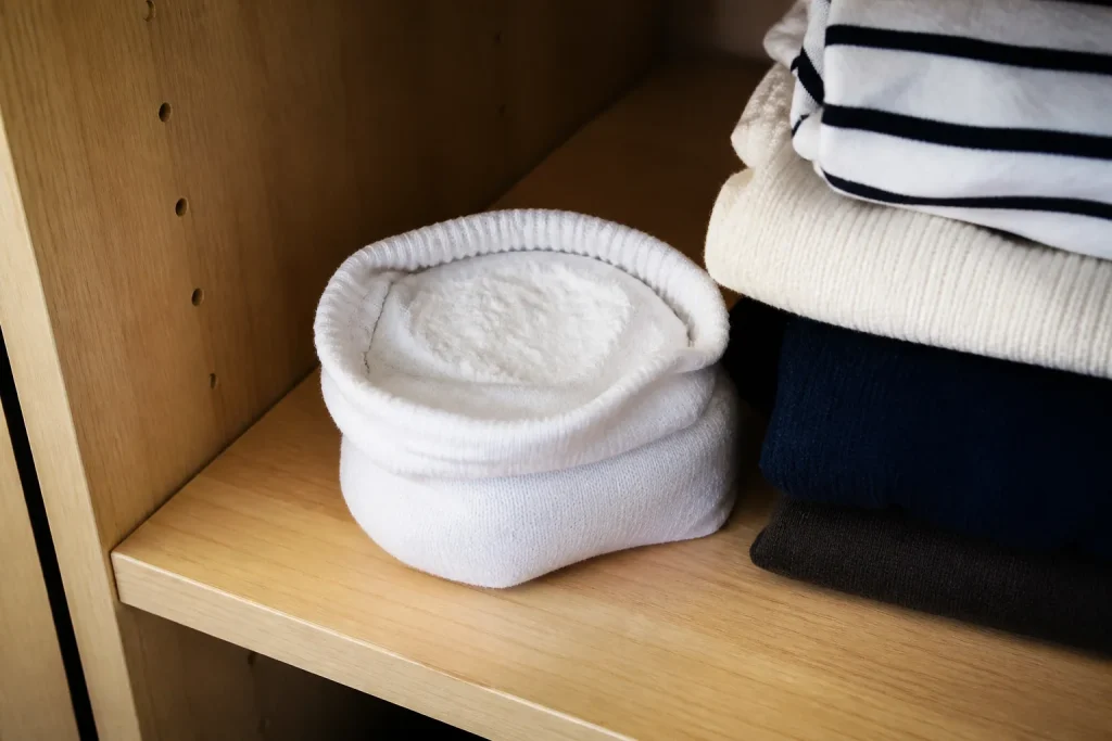 Chaussette blanche remplie de bicarbonate dans placard