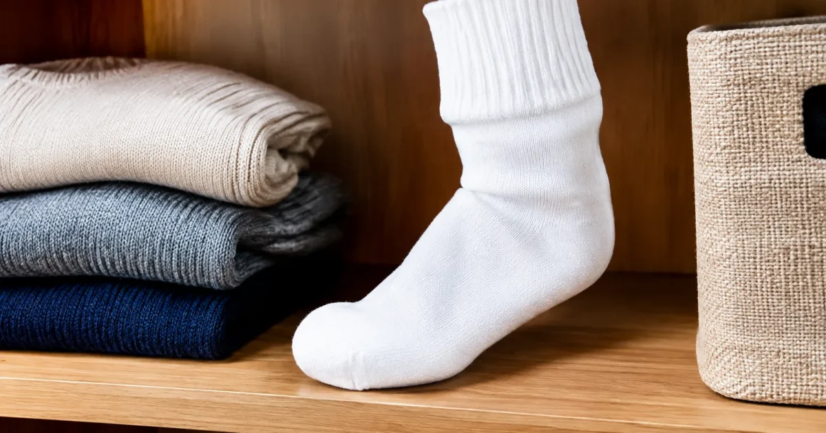 Chaussette blanche remplie posee sur etagere armoire