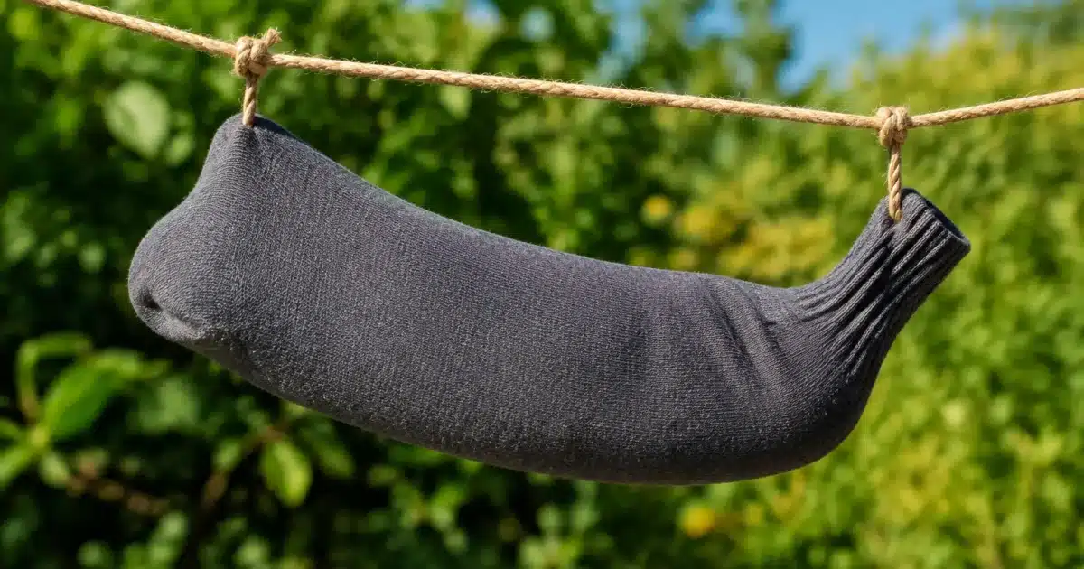 Chaussette en tissu remplie de riz suspendue horizontalement a une corde