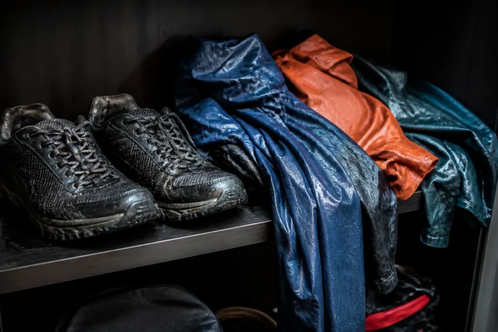 Chaussures mouilles, vetements trempes sur etagere sombre