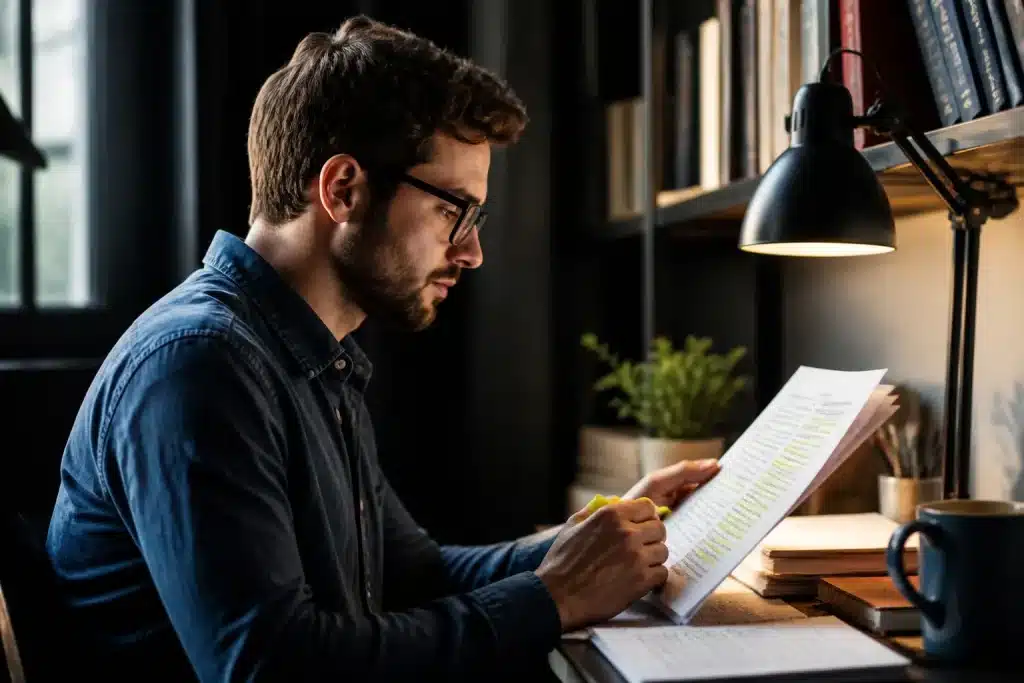 Chercheur lisant resume article avec points cles surlignees