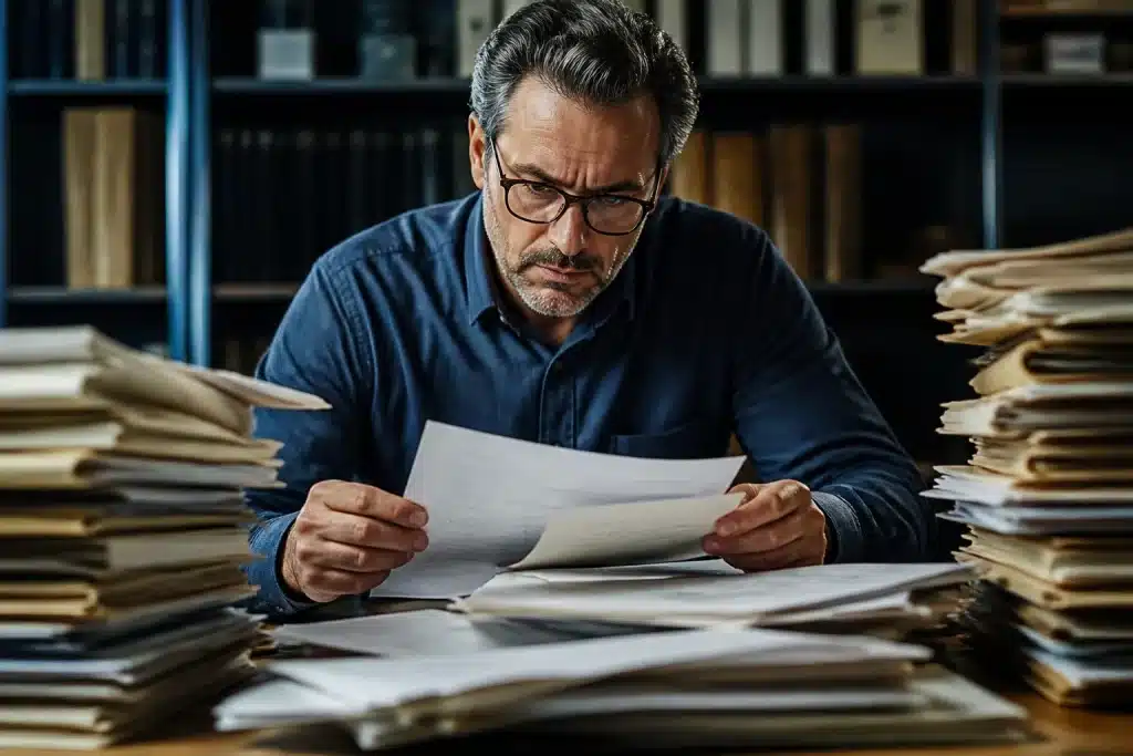 Chercheur verifiant donnees sur documents papier empiles