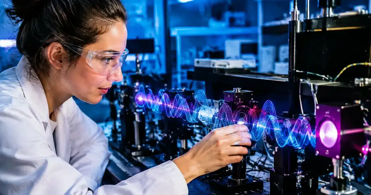 Scientifique manipulant equipment quantique avec ondes sonores visibles