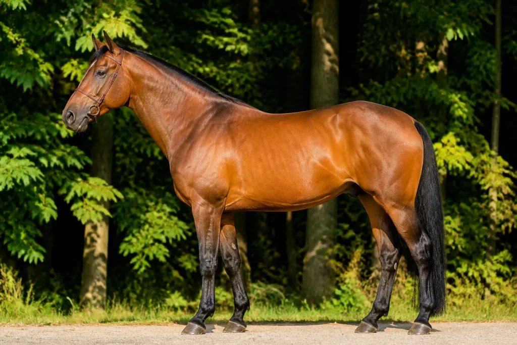 Cheval bai massif posant debout de profil