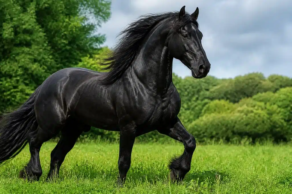 Imposant cheval noir aux muscles développés dans prairie