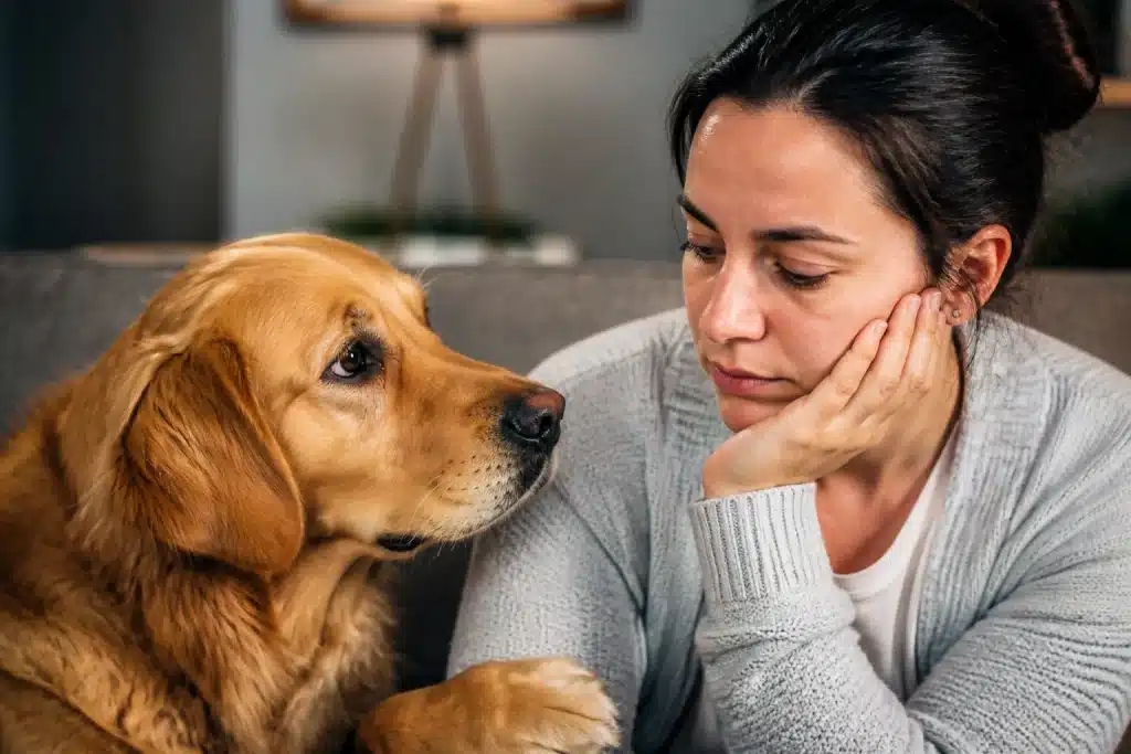 Chien observant attentivement le visage triste de son proprietaire