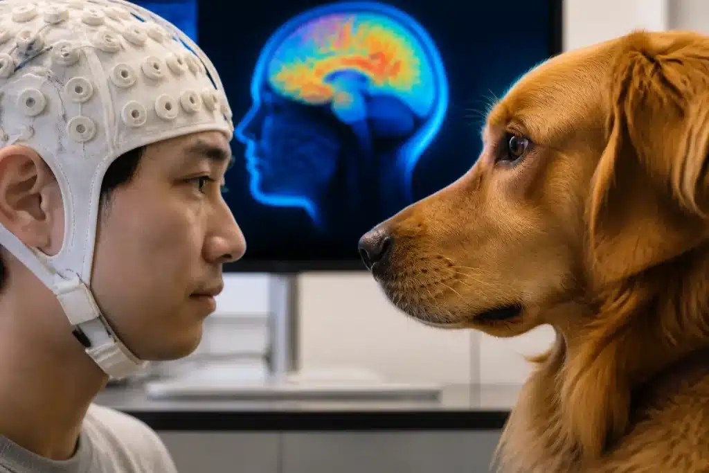 Chien observant attentivement un visage avec activation neuronale colorée