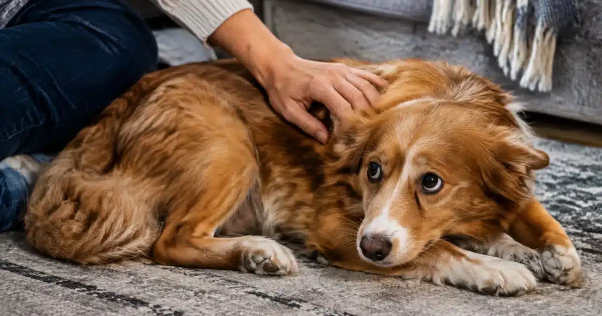 Main caressant chien couche tremblant legere inquietude