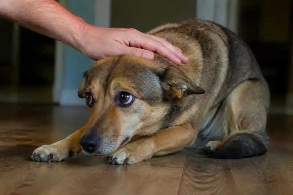 Chien qui tremble en se faisant caresser par main