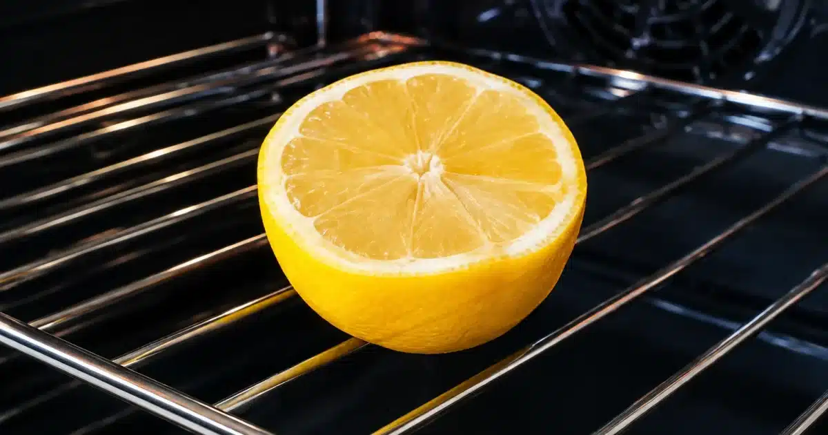 Moitie citron jaune posee sur grille four interieur noir