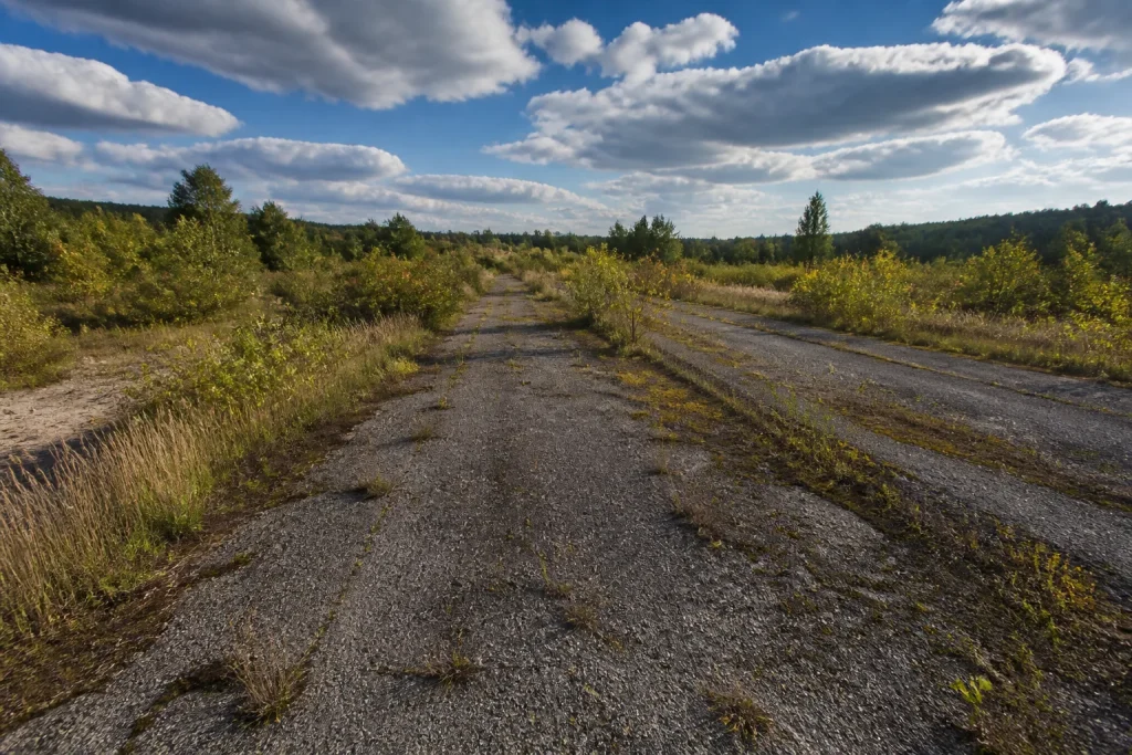 Clairiere abandonnee avec routes degradees et vegetation clairsemee