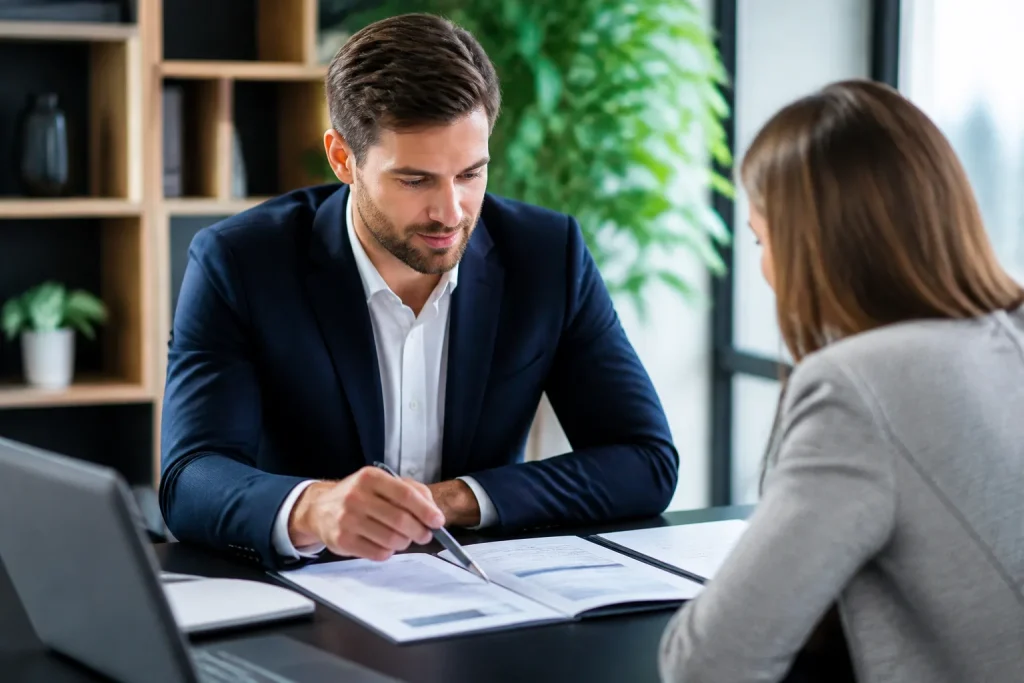 Conseiller écoutant client devant documents informatifs