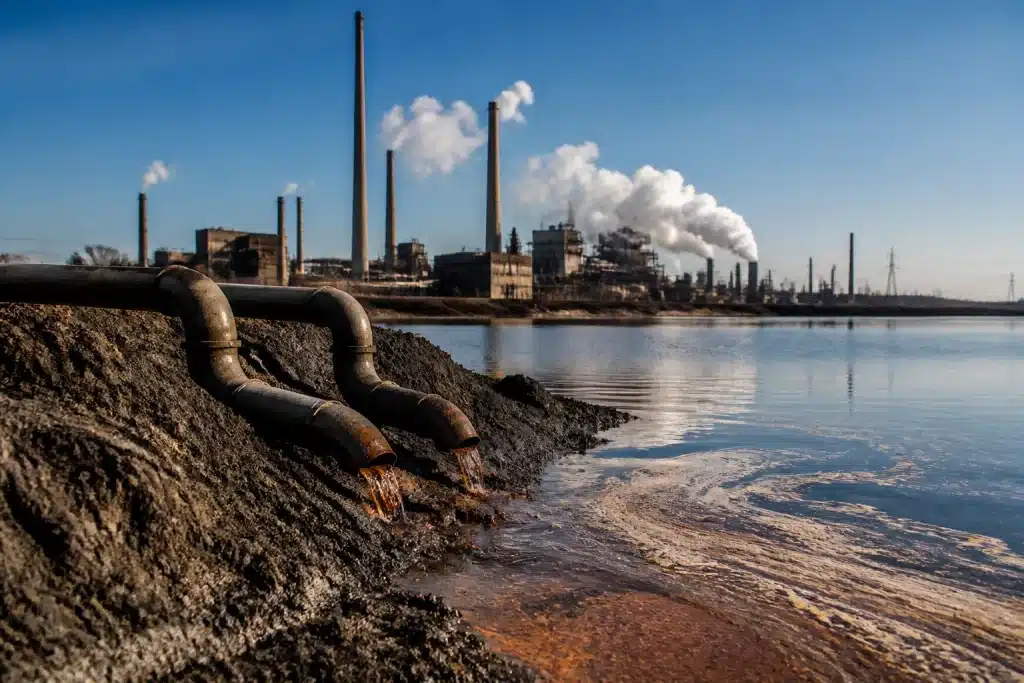 Usine industrielle rejetant vapeur avec tuyaux contaminant eau souterraine