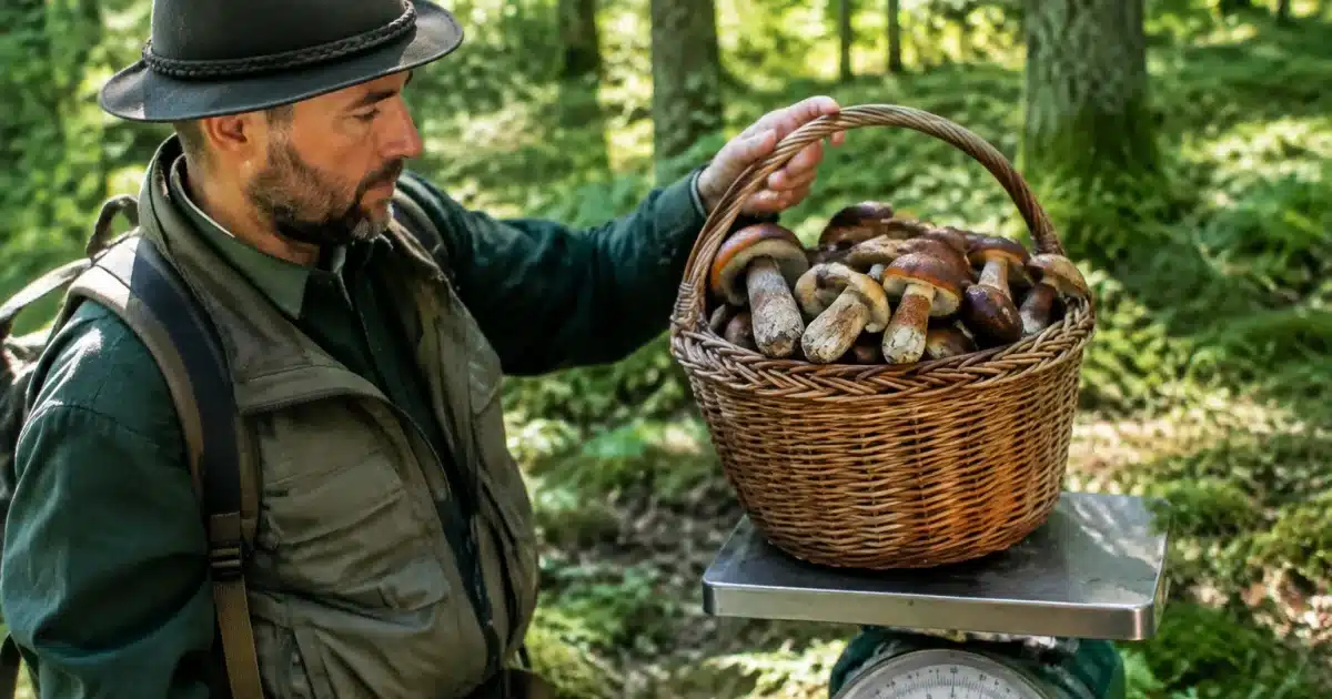Agent forestier pesant panier de champignons sur balance dans bois
