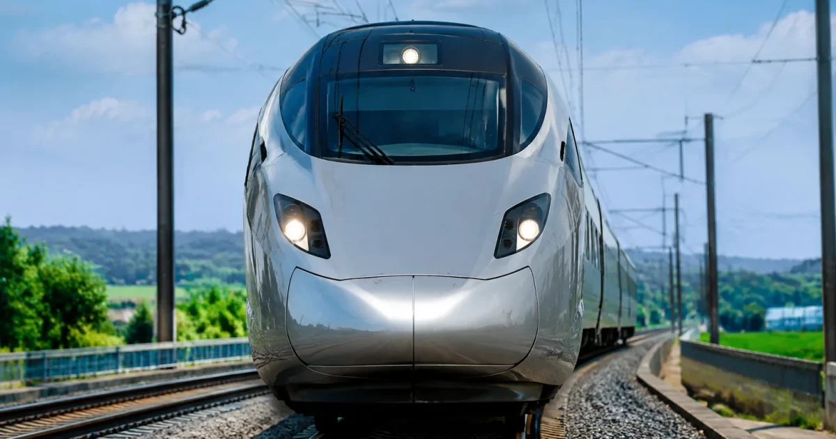 Convoi aerodynamique grise oriente frontalement sur rails
