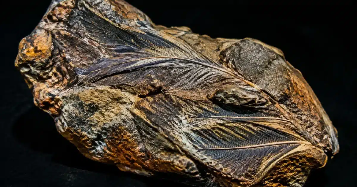 Fossile de coprolite contenant des plumes de dinosaure préservées