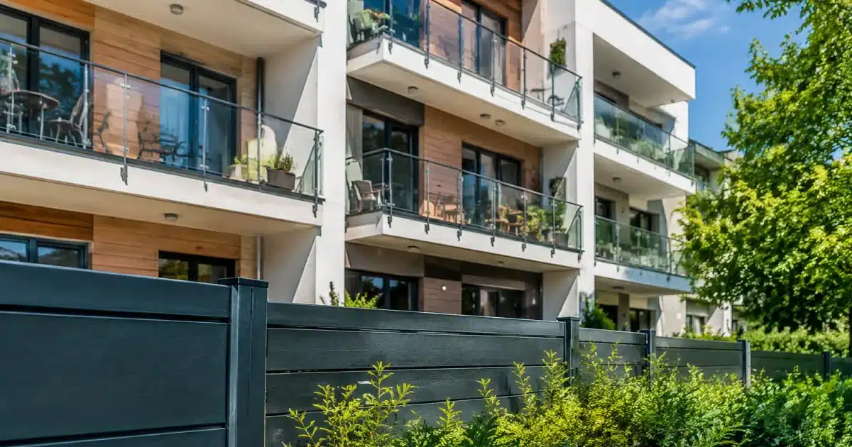 Immeuble collectif avec balcons, panneau d'opposition fixe au premier plan