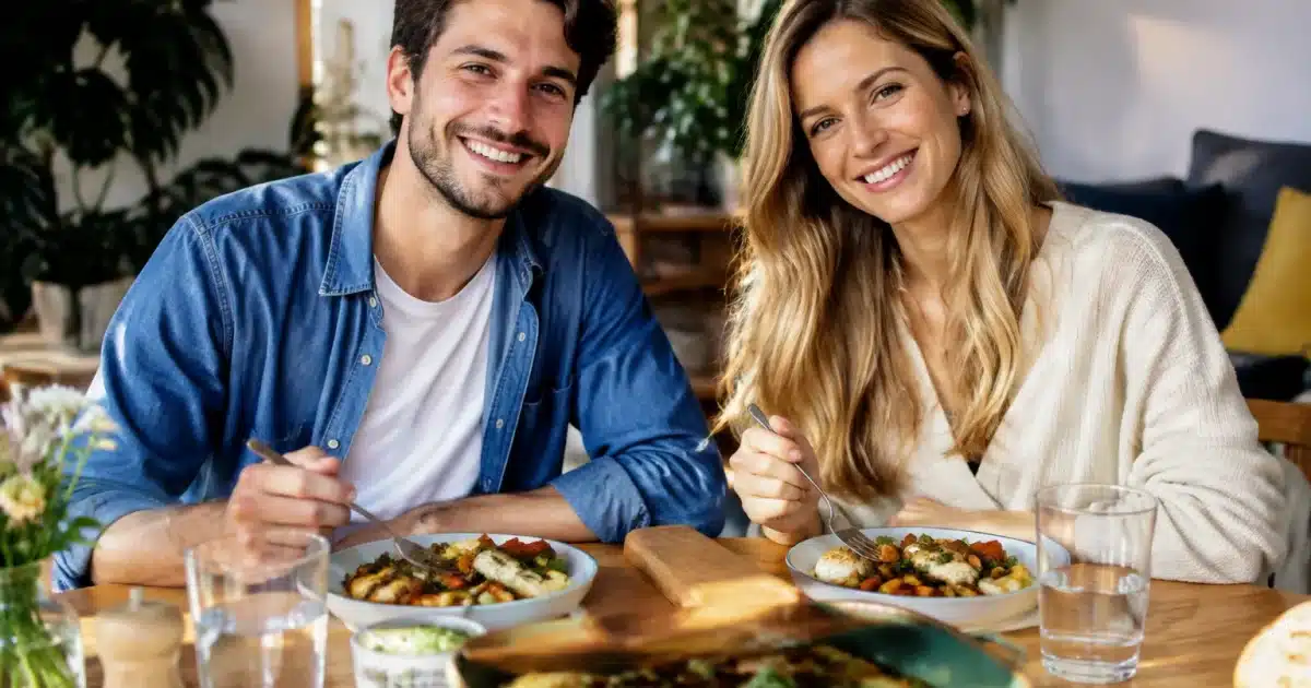 Couple assis a table avec plats faits maison devant eux
