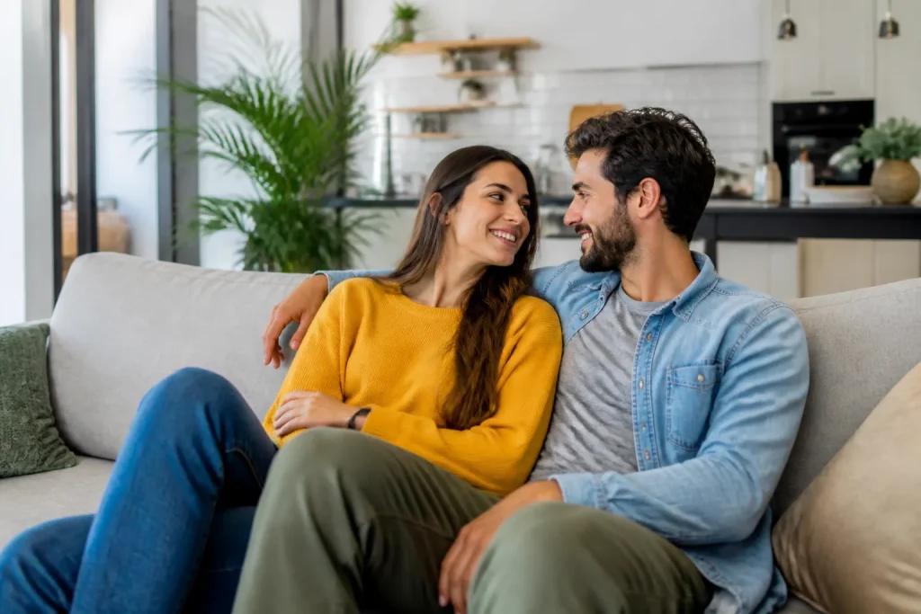 Couple vivant ensemble dans un interieur lumineux