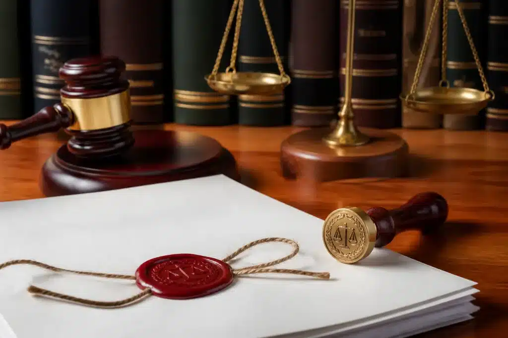 Documento legal con sello judicial sobre herencia testamentaria validada
