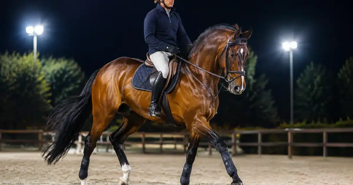 Cavalier monte cheval arene equestre eclairage nocturne tard