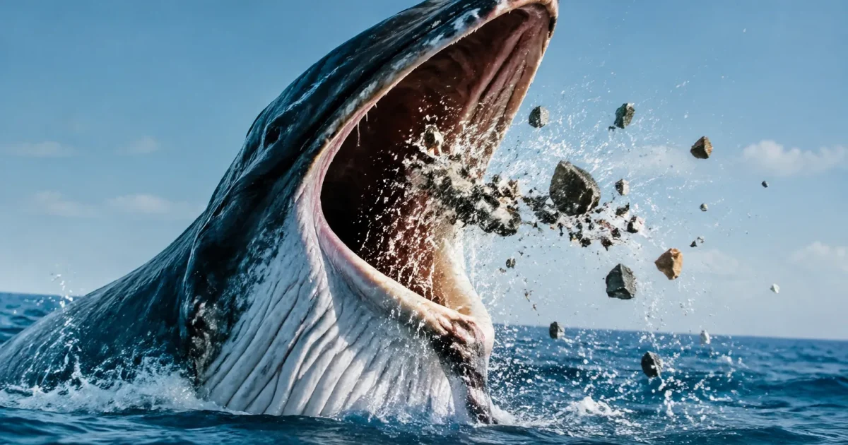 Creature geante gueule ouverte rejetant debris fossiles