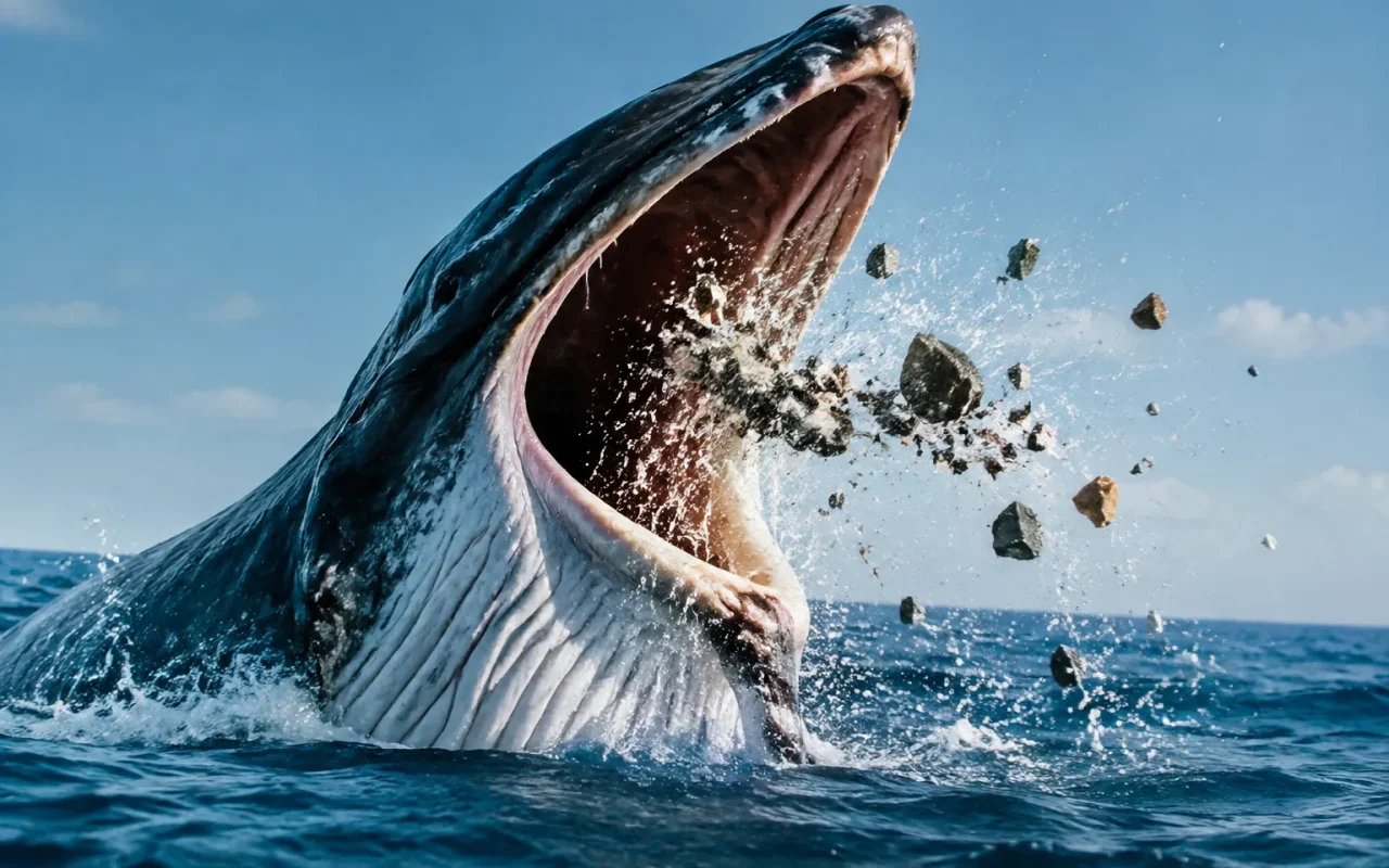 Creature geante gueule ouverte rejetant debris fossiles