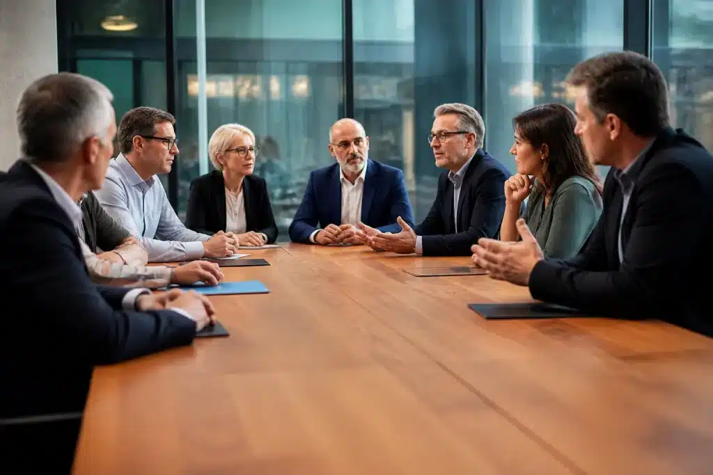 Dirigeants et syndicalistes debattent autour table de reunion