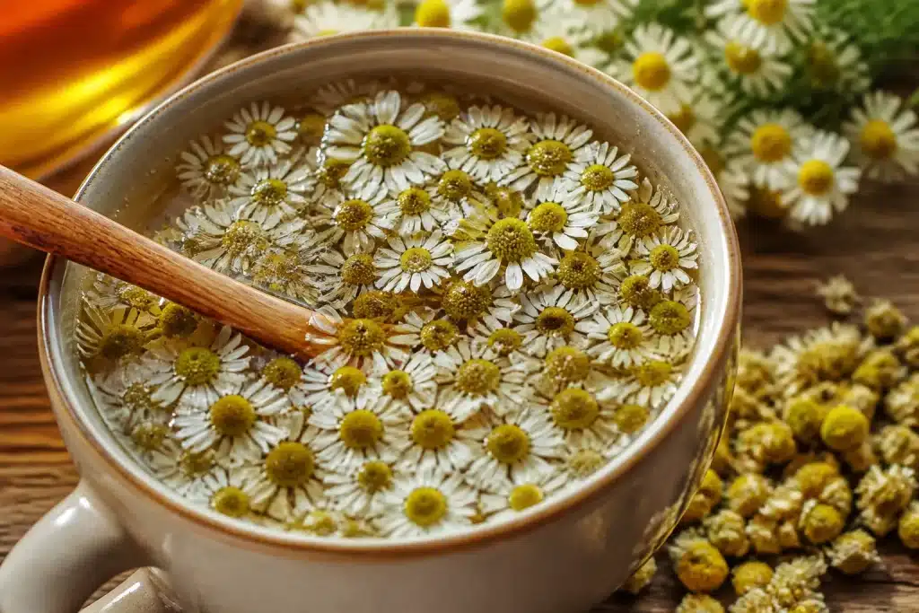 Fleurs de camomille dans eau chaude frémissante depuis longtemps