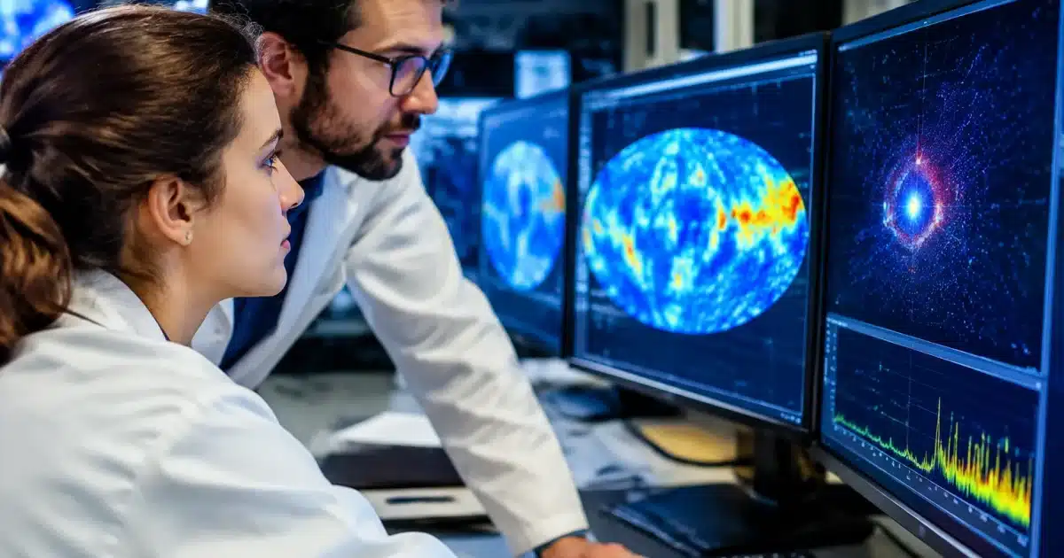 Scientifiques observant ecrans affichant donnees detection matiere cosmique
