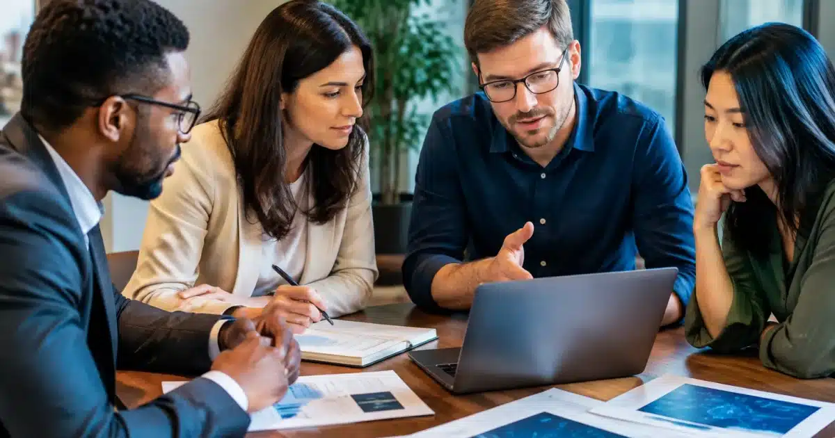 Groupe de professionnels assis autour table discutant documents intelligences artificielles